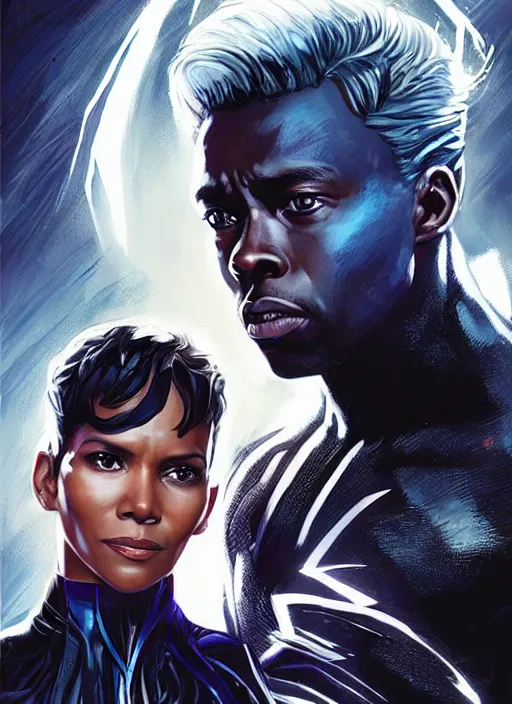 Image similar to chadwick boseman black banther and halle berry as the character strom from x - men, white hair, lightning beings, epic splash cover art,, by artgerm, greg rutkowski, james gurney, alex ross