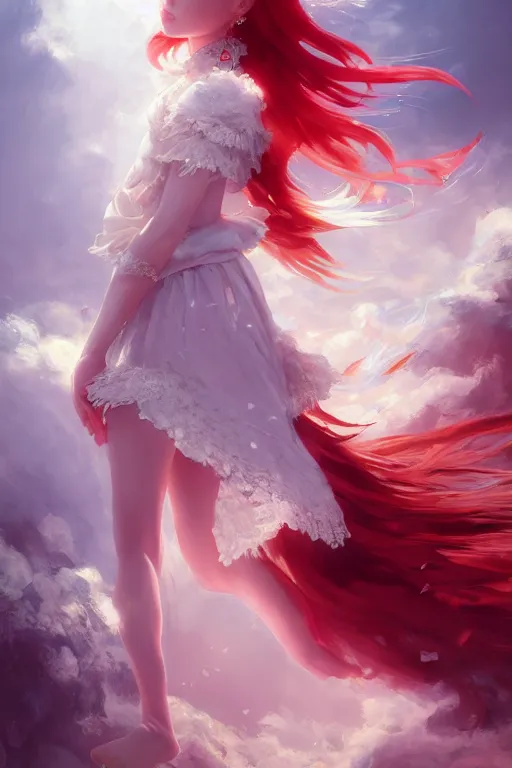Prompt: highly detailed portrait of a angel cloudy princess dancing in heaven, wavy vibrant red hair, white lace dress, cinematic lighting, dramatic atmosphere, by Dustin Nguyen, Akihiko Yoshida, Greg Tocchini, Greg Rutkowski, Cliff Chiang, 4k resolution, nier:automata inspired, bravely default inspired, luminous sky heaven background