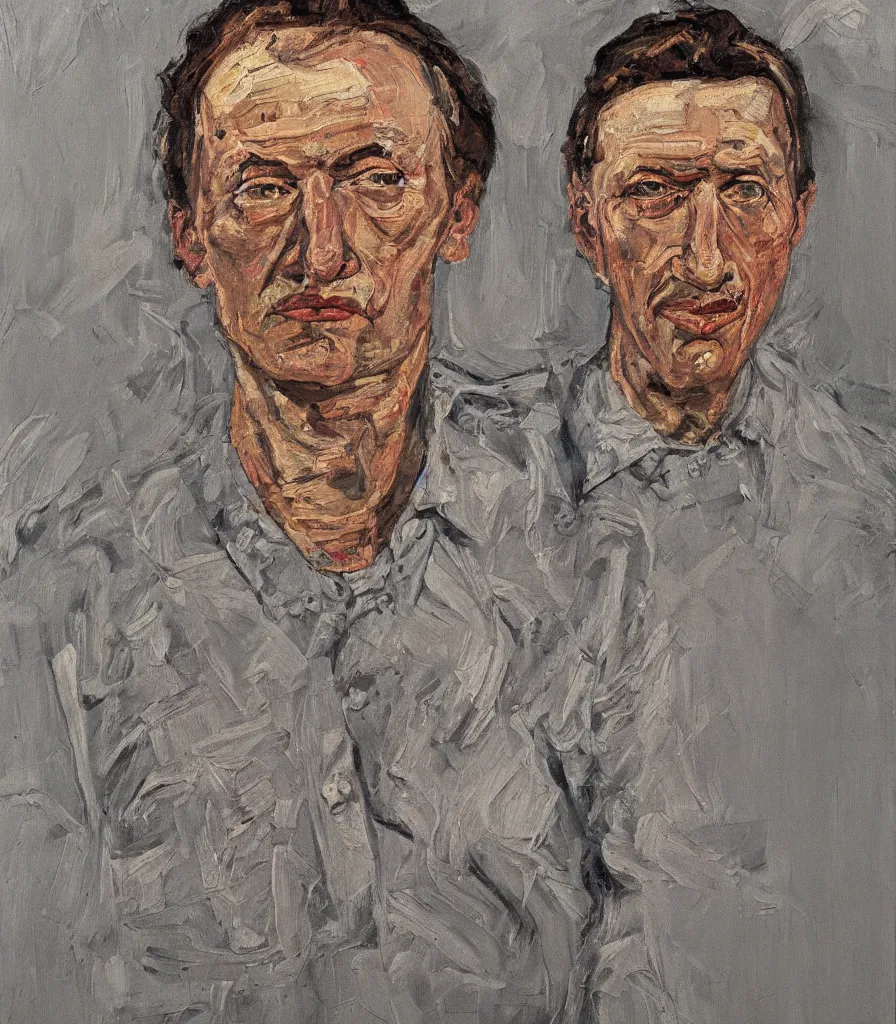 Prompt: close head shot of a vladimir wihtout shirt in the style of lucian freud self portrait. oil painting, thick brush strokes. gray background. hard light from top. perspective from below. 5 0 mm