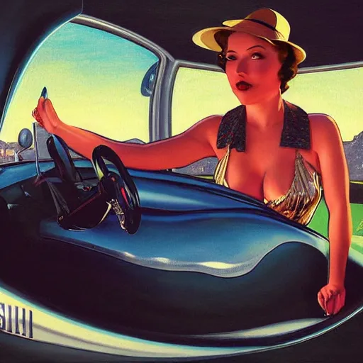 Prompt: 3 d fisheye, very low angle, wide angle, painting showing olivia munn driving exaggerated 1 9 3 0 s car with woman driving, shiny, aerodynamic, dramatic lighting, sultry, sensual, vargas, wlop, manara, mucha, moebius, elvgren, joshua middleton, clay mann, artgerm