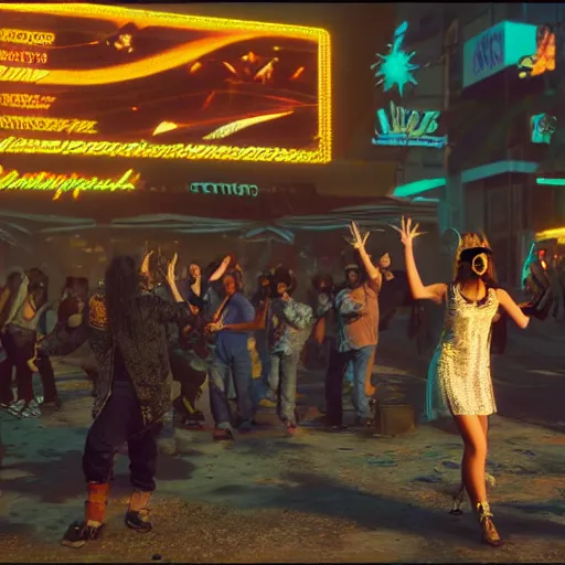 Image similar to Dancing hippies in the desert. Cyberpunk 2077. CP2077. 3840 x 2160