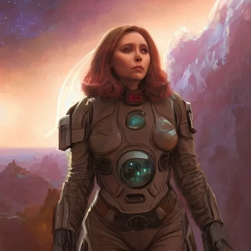 Image similar to Elizabeth Olsen as a space sci-fi soldier, closeup character art by Donato Giancola, Craig Mullins, digital art, trending on artstation