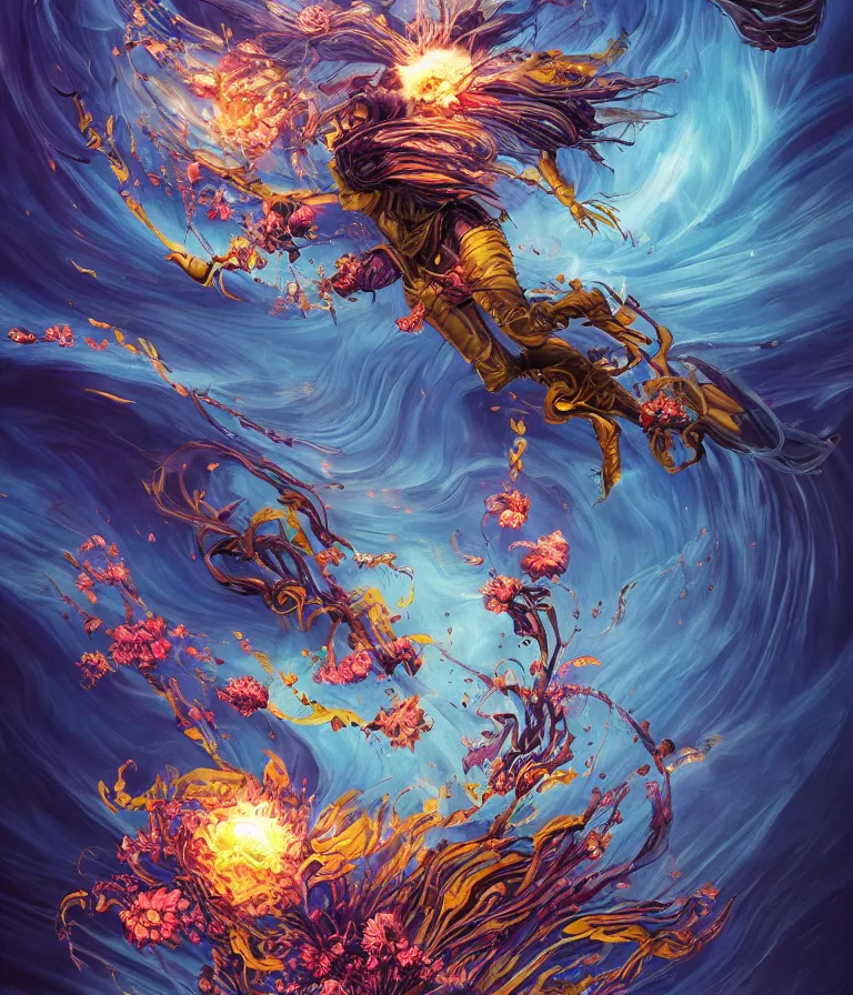 Image similar to impressive ominous cinematic fantastic realism comic book style painting of a spiraling exploding sun launching flowers across the dark cosmos, strange bouquets, lighting impressive masterpiece hyper ultra detailed intricate sharp focus 8 k realistic illustration canon eos r 3 fujifilm x - t 3 0 sony alpha, artgerm colorful!!!, trending on artstation behance cgsociety, octane render nvidia raytracing demo