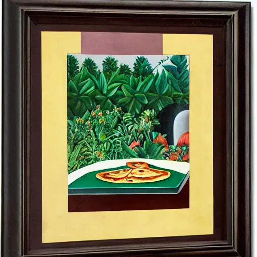 Image similar to A magaritha pizza on a marble table in a garden by Henri Rousseau