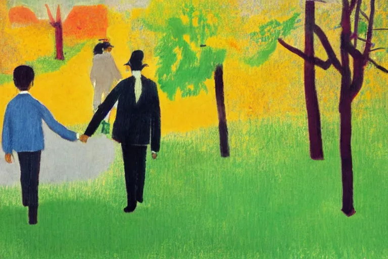 Image similar to a very tall man with dark hair holding the hands of a short young boy with dark hair as they walk down a suburban highway on a bright beautiful colorful day. part in the style of an edgar degas painting. part in the style of david hockney