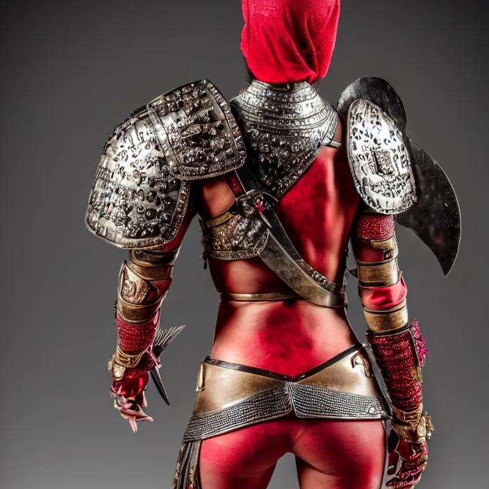 Prompt: photograph of a real-life beautiful! female warrior with ruby encrusted armour. Extremely detailed. 8k