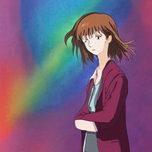 Image similar to Guilt as a Ghibli Studio Character, supernatural, sharpness. clean, rainbow colors