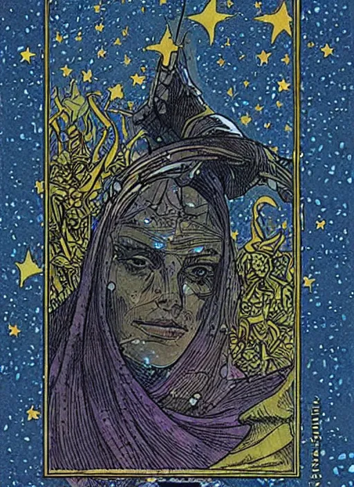 Image similar to the stars, tarot card by moebius