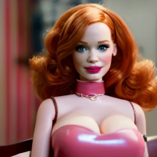 Prompt: amazing beautiful Christina Hendricks barbie doll wearing leather in the living room, film still from the movie directed by Denis Villeneuve , wide lens