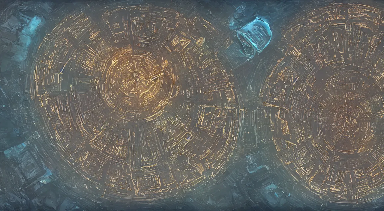 Prompt: beautiful digital painting of sigil, the city of doors, located atop the spire in the outlands. it has the shape of a torus, and the city itself is located on the inner surface of the ring. there is no sky, simply an all - pervasive light that waxes and wanes to create day and night.