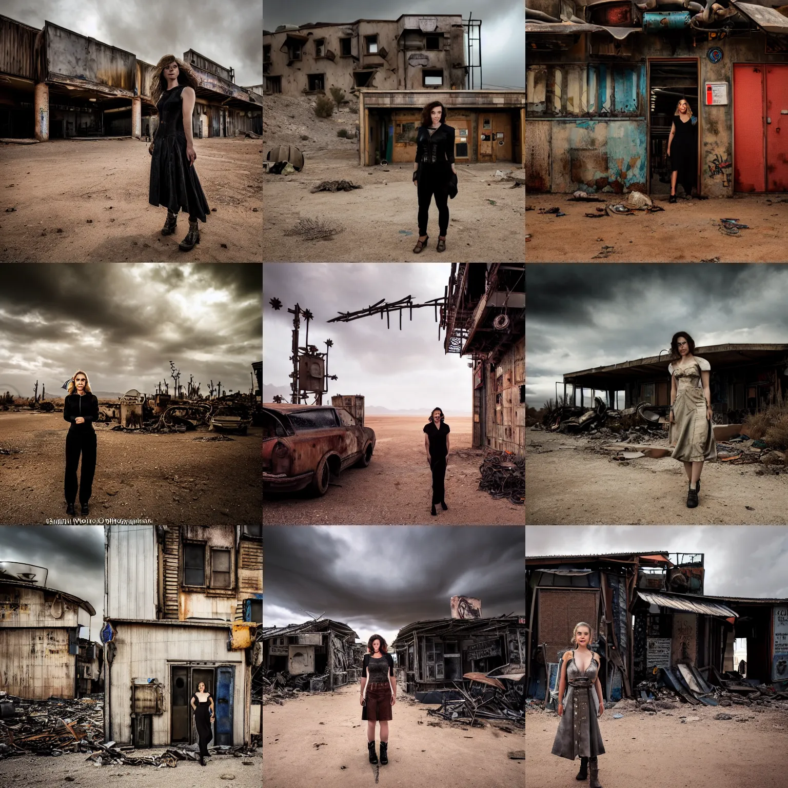 Prompt: travel photography, emilia clarke standing in front of an abandoned cyberpunk bar made of scrap metal and scrap wood in the desert of a gloomy alien planet, motion blur, ominous skies