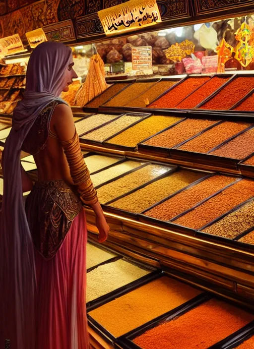 Image similar to a young arabian lady shopping at a desert spice market at night, shiny, fantasy, intricate, elegant, hyper detailed, ultra definition, photoreal, artstation, unreal engine rendered, concept art, smooth, sharp focus, illustration, art by artgerm and greg rutkowski and alphonse mucha and garis edelweiss