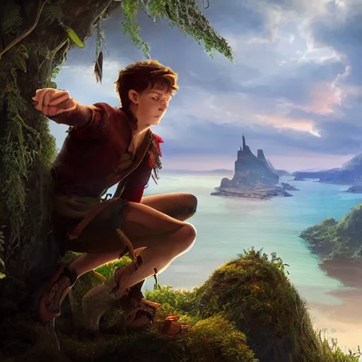 Prompt: Tom Holland as peter pan,looking iver the horizon,river in front of him,detailed, 8k hd,by rossdraws and greg rutkowski,