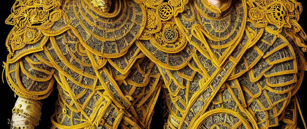 Image similar to hyperrealist highly detailed neo-baroque portrait of obscure high fashion warrior, etched bone armour, intricate silk robes with geometric trippy trippy patterns, concept art pascal blanche dramatic yellow lighting 8k wide angle shallow depth of field