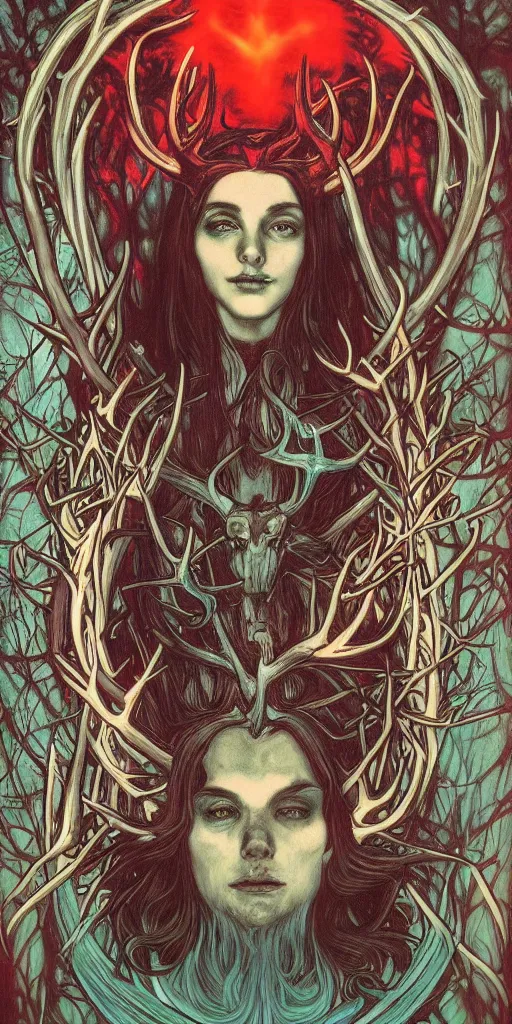 Image similar to intense glowing black metal pagan god with antlers and blood and intense glowing eyes with a bull skull in very dark forest by marco mazzoni and alphonse mucha, portrait, fantasy, clear, red and teal and yellow, light beams, lens flare, intense, uhd, amazing depth, cinematic lighting