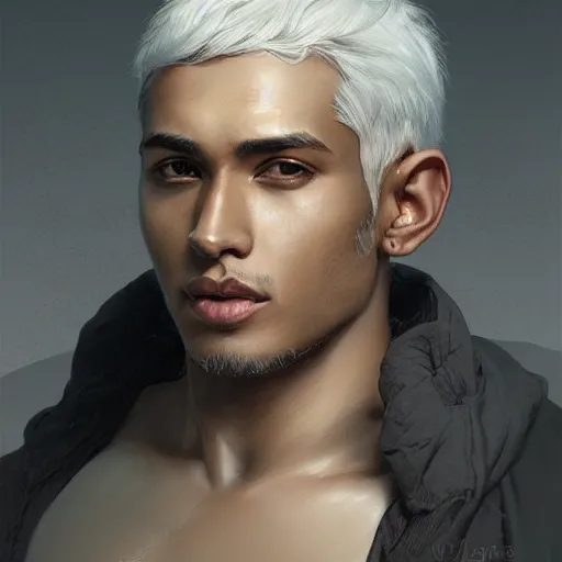 Image similar to ultra realistic illustration, young man with dark gray skin, short white hair, intricate, elegant, highly detailed, digital painting, artstation, concept art, smooth, sharp focus, illustration, art by artgerm and greg rutkowski and alphonse mucha