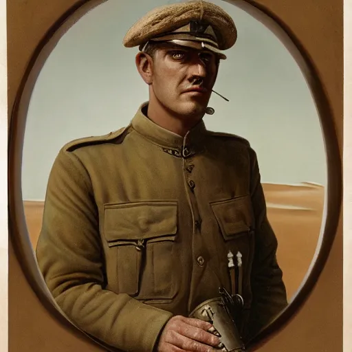 Image similar to a detailed photorealistic sepia - toned color portrait painting of a 1 9 1 7 worried clean - shaven british lieutenant in field gear in north arabia examining an ancient cylindrical clay jar, ultra realistic, intricate details, atmospheric, dark, horror, brooding, highly detailed, by clyde caldwell