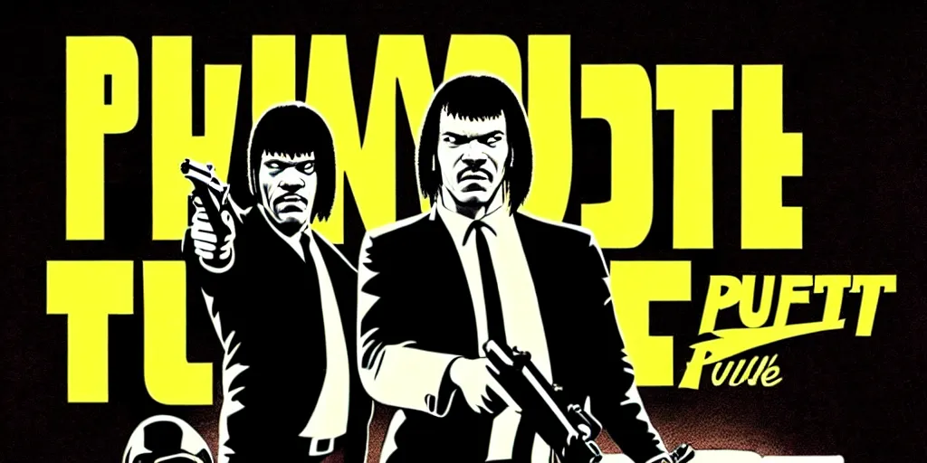 Image similar to pulp fiction poster, gun, motorcycle, poster style,