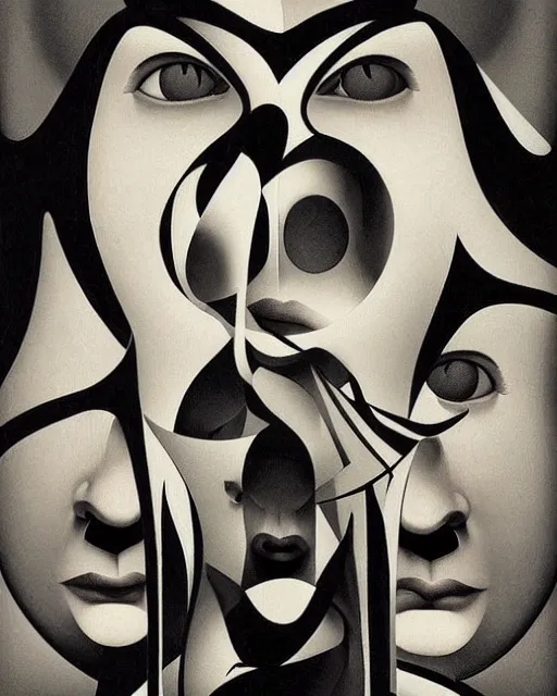 Prompt: opposed asymmetrical faces by eugene jansson and ilya kuvshinov and mc escher and mainie jellett, surreal!, abstract!!!, asymmetry, perspective, negative space, masterpiece, stunning