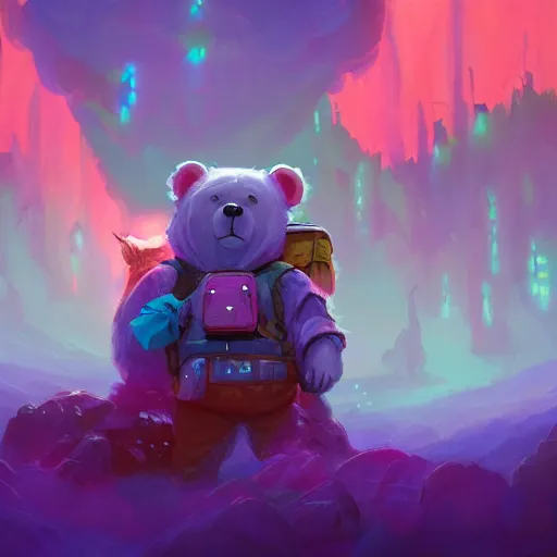 Prompt: a beautiful colorful interesting detailed sci-fi storybook fantasy scene of a teddy bear wearing a backpack walking through Wonderland, magic the gathering, Marc Simonetti and Anato Finnstark, neon pastel color palette, vibrant 8k rendering, Pixar concept art, trending on artstation HQ
