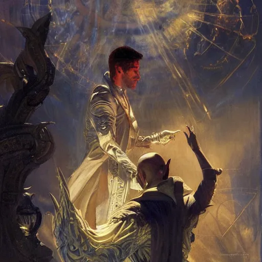 Image similar to attractive male magician casts dark spell, summoning handsome lucifer morningstar. highly detailed painting by gaston bussiere, craig mullins, j. c. leyendecker 8 k