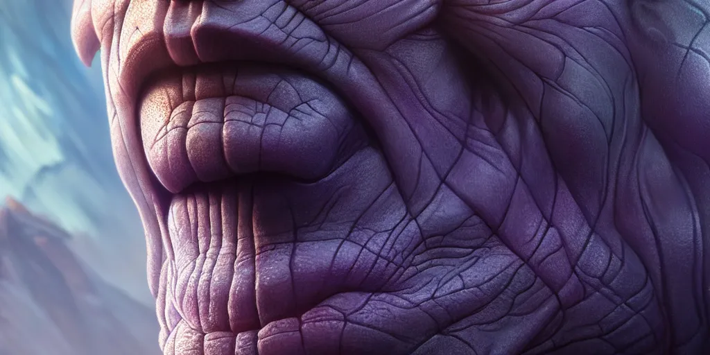 Image similar to ultra detailed close up face portrait of thanos, extremely detailed digital painting, in the style of fenghua zhong and ruan jia and jeremy lipking and peter mohrbacher, mystical colors, rim light, beautiful lighting, 8 k, stunning scene, raytracing, octane, trending on artstation