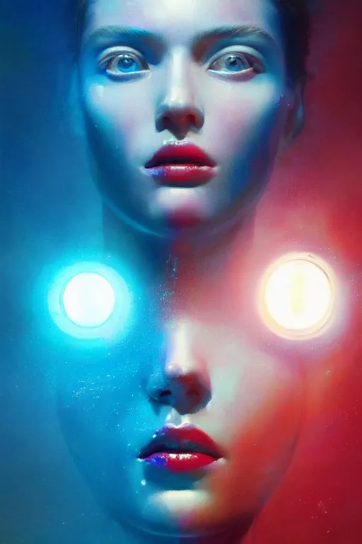 Image similar to 3 d, sci - fi, sun rays, sleepy fashion model face, detailed blue, cinematic, vogue cover style, poster art, light red and deep blue mood, realistic painting, intricate oil painting, high detail, figurative art, multiple exposure, poster art, 3 d, by tooth wu and wlop and beeple and greg rutkowski