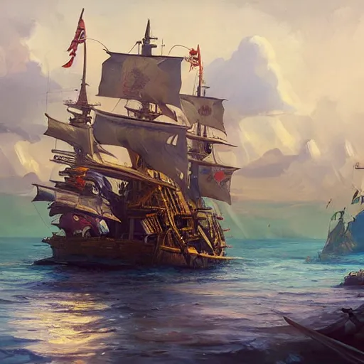 Prompt: a large pirate ship floating on top of a body of water, pirates flag , cgsociety, fantasy art, 2d game art, official art, concept art , behance hd , concept art by Jesper Ejsing, by RHADS, Makoto Shinkaic