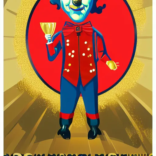 Image similar to champagne communist clown, soviet propaganda, vivid colors, poster art style, detailed image, saturated colors, dominating red, detailer portrait, male face