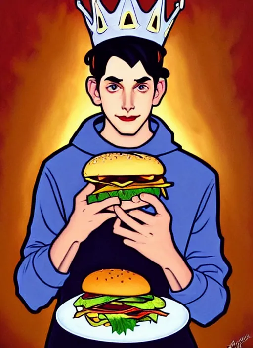 Image similar to oil painting, teenage jughead jones, wears a light grey crown, and devours a hamburger, intricate, elegant, highly detailed, pinocchio nose, lighting, painting, artstation, smooth, illustration, art by greg rutowski and alphonse mucha