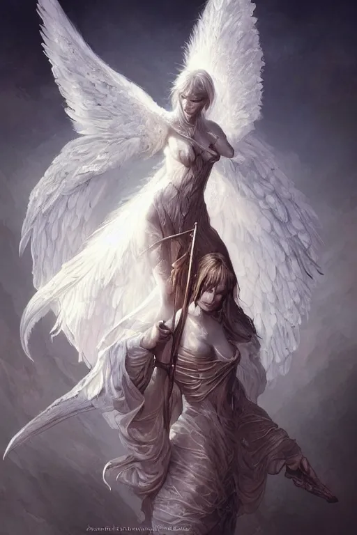 Prompt: full body portrait of a girl angel, wings, d & d, fantasy, intricate, elegant, highly detailed, digital painting, artstation, concept art, smooth, sharp focus, illustration, art by artgerm and greg rutkowski and peter mohrbacher & greg rutkowski & alexandros pyromallis & nekro & rene maritte