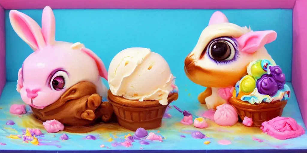 Prompt: ice cream made in the shape of 3 d littlest pet shop rabbit, bunny, realistic, melting, soft painting, desserts with chocolate syrup, toppings, ice cream, forest, master painter and art style of noel coypel, art of emile eisman - semenowsky, art of edouard bisson