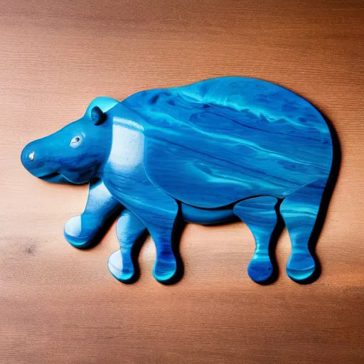 Prompt: a photo of a model hippo model puzzle, pieces made of wood and resin countertop, blue epoxy resin river countertop, dramatic lighting, studio zeiss 1 5 0 mm f 2. 8 hasselblad, award - winning photo