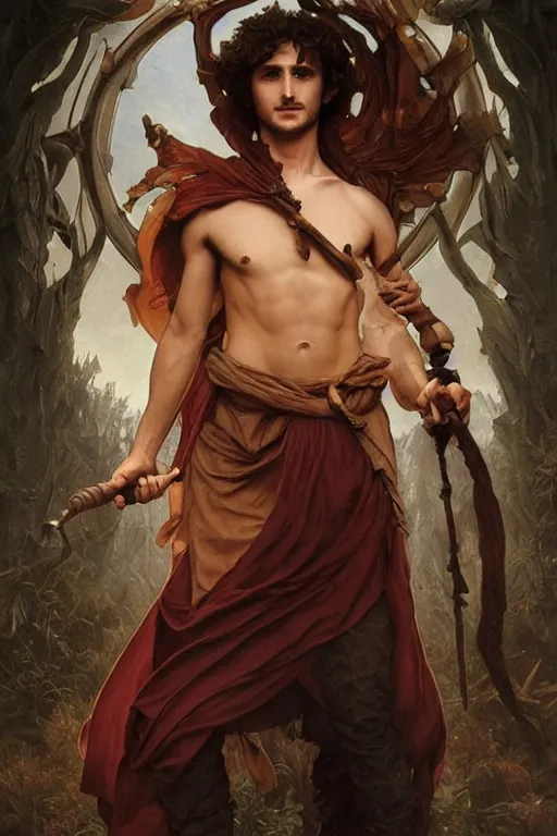 Image similar to Diego Boneta, druid, cleric, flame spell, burning hands, bicpes, muscular, D&D, fantasy, intricate, cinematic lighting, highly detailed, beautiful, digital painting, artstation, masterpiece, concept art, smooth, sharp focus, illustration, art by Artgerm and Greg Rutkowski and Alphonse Mucha and william-Adolphe Bouguereau