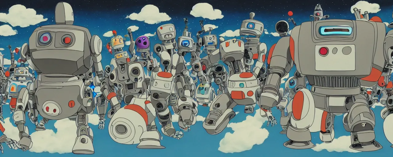 Prompt: robot breakdance party, studio ghibli, highly detailed, wide angle shot
