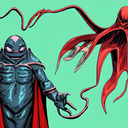 Image similar to concept art character with a vampire squid head and cape that is tall and thin that lives in an ocean setting in the apocalypse created for a new episode of rise of the teenage mutant ninja turtles on nickelodeon comic book dots with chromatic aberration and design influences from fret nice the video game