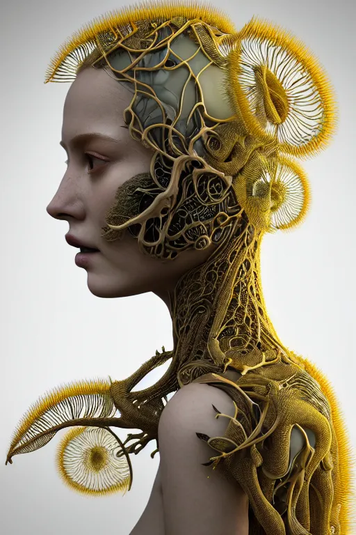 Prompt: intricate hyper detailed ultra sharp 3 d render of a beautiful porcelain biomechanical woman profile portrait, large pore fungi embroidered, cyberpunk art nouveau, haute couture alexander mcqueen leaves stems dahlia transparent fractal dandelion yellow pistil filigree roots, octane render, volumetric cinematic lighting, 8 k post - production