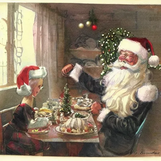 Prompt: (((((1950s cozy Christmas dinner with santa klaus . muted colors.))))) by Jean-Baptiste Monge !!!!!!!!!!!!!!!!!!!!!!!!!!!