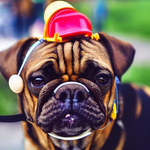 Prompt: a dog with a glass on his head, photo, detailed, 3 5 mm