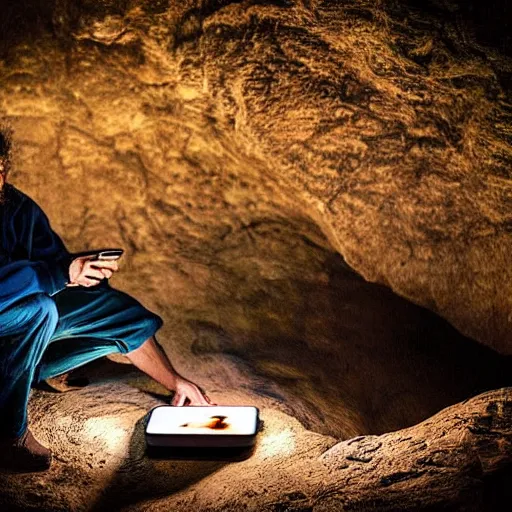 Prompt: “colur photo an homo Neanderthal watching his iPhone in front of a cave close to a fire coocking a bull, photoreal photojournalism, National Geographic style”