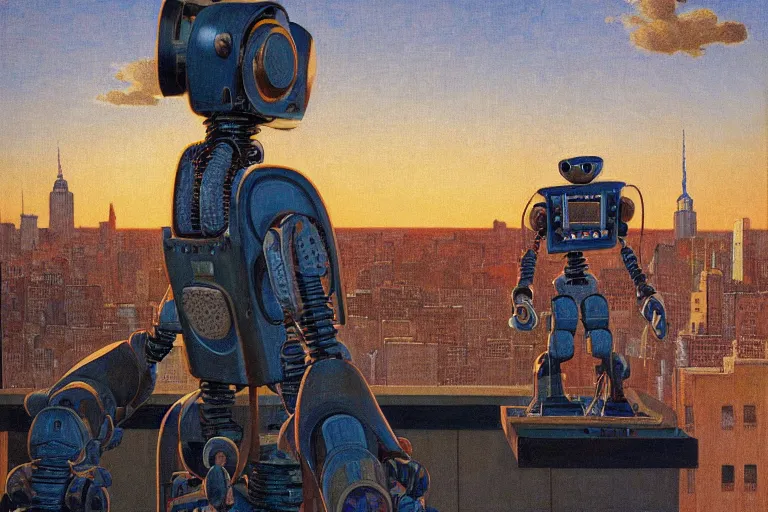 Prompt: painting of a robot, in a rooftop, watching new york, beautiful, sunset, romantic, by ludwig deutsch and maxfield parrish, patterned tilework, extremely detailed, cinematic lighting, smooth sharp focus