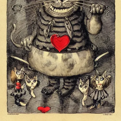 Prompt: cheshire cat eating queen of hearts, leading cat rebellion in wonderland, detailed, by John Tenniel