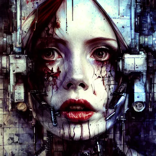 Image similar to karen gillan as a cybernetic hunter, cyberpunk, wires, skulls, machines by emil melmoth zdzislaw belsinki craig mullins yoji shinkawa realistic render ominous detailed photo atmospheric by jeremy mann and agnes cecile ink drips paint smears digital glitches glitchart