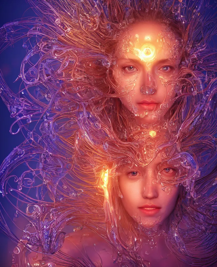 Image similar to close-up macro portrait of the face of a beautiful princess, epic angle and pose, symmetrical artwork, 3d with depth of field, blurred background, cybernetic jellyfish female face skull phoenix bird, translucent, nautilus, energy flows of water and fire. a highly detailed epic cinematic concept art CG render. made in Maya, Blender and Photoshop, octane render, excellent composition, cinematic dystopian brutalist atmosphere, dynamic dramatic cinematic lighting, aesthetic, very inspirational, arthouse. y Greg Rutkowski, Ilya Kuvshinov, WLOP, Stanley Artgerm Lau, Ruan Jia and Fenghua Zhong