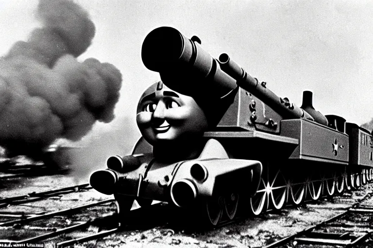 Image similar to WW2 era photograph, the face of Thomas the tank engine attached to a 800mm German super-heavy-mortar with a huge gun barrel firing a shot upwards, there are german soldiers running around, grainy, high detail