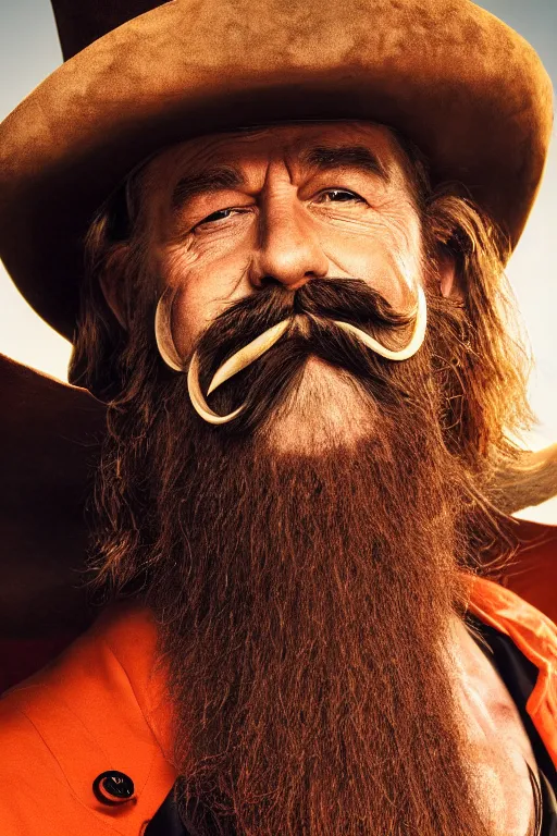 Prompt: hd photograph of cowboy sherrif resembling yosemite sam with huge hat, huge mustache, orange colors