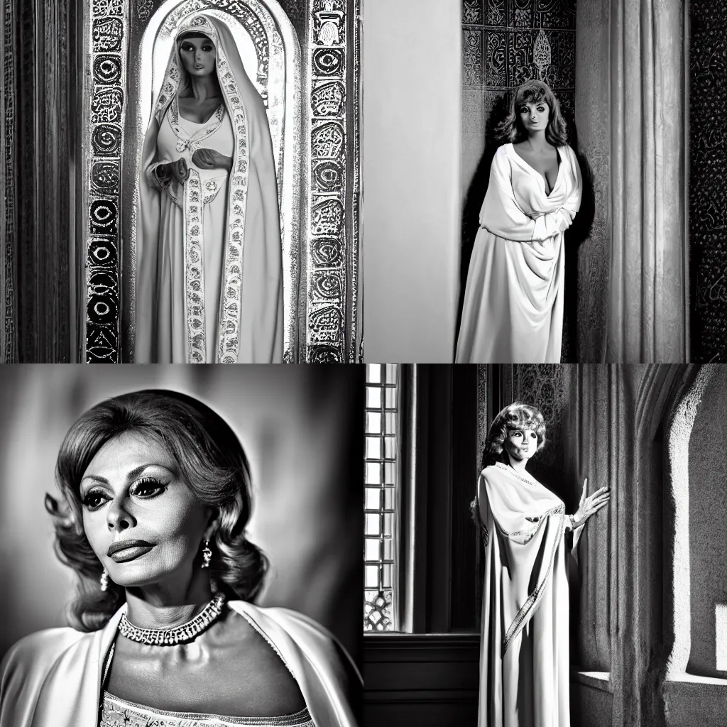 Prompt: a picture of sofia loren standing up in hagha santa sofia in the style of ( ( ( a byzantine icon ) ) ). black and white, award winning photography, 5 0 mm, studio lighting