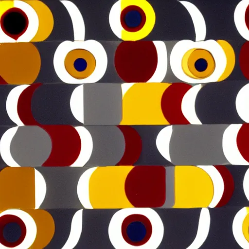 Image similar to a circular pattern of red yellow and grey - blue eye shapes, intricate, made of wood