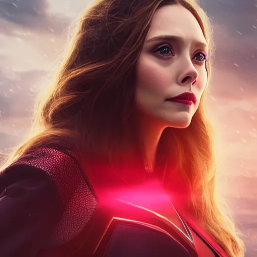 KREA - elizabeth olsen as the scarlet witch afloat in the air with red  eyes, red magic surrounds her, trending on artstation, 8 k quality,  cgsociety contest winner, artstation hd, artstation hq