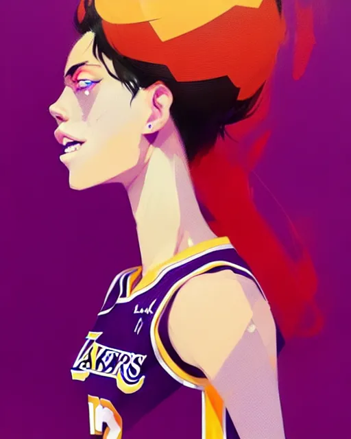 Image similar to a ultradetailed beautiful panting of a stylish woman in a lakers jersey, by conrad roset, greg rutkowski and makoto shinkai, trending on artstation